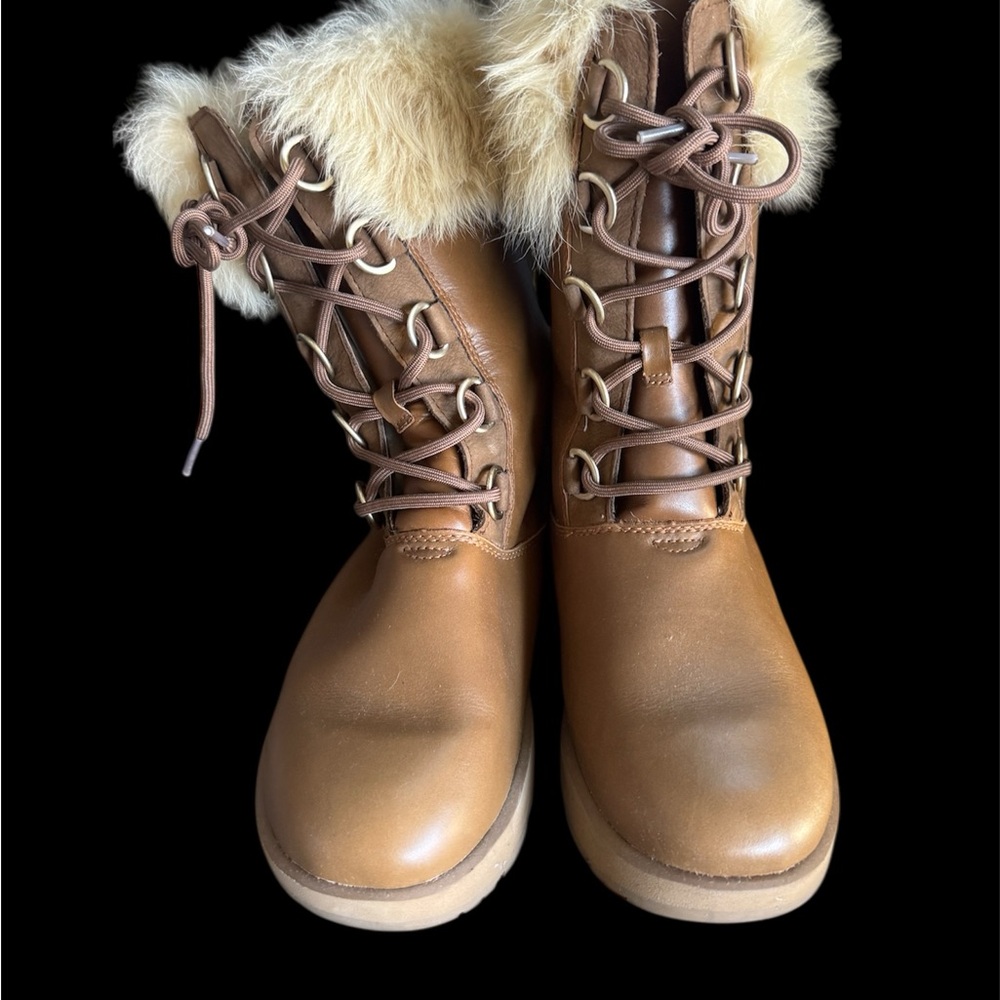 UGG Water Proof Brown Fur-Lined Lace-Up Boots - Like New